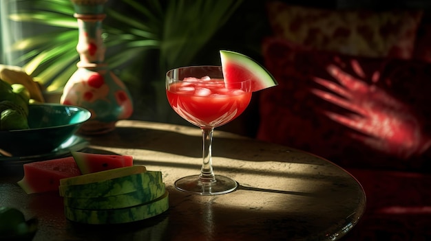 Cocktail di anguria sul tavolo con ombre solari Concetto tropicale Risorsa creativa AI generata