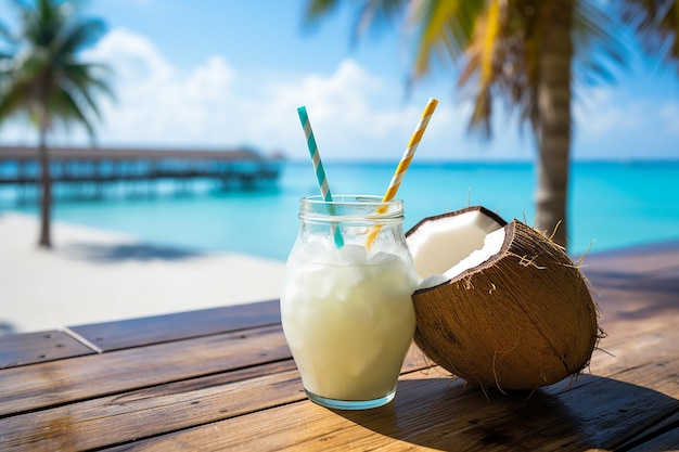 Cocktail di cocco fresco del paradiso tropicale con paglia sulla sabbia bianca