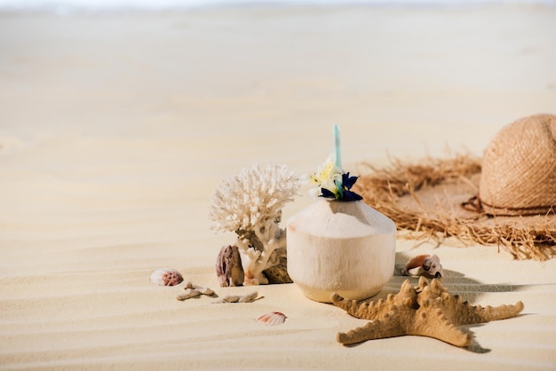 Cocktail di cocco stelle marine di corallo Cappello di paglia e pietre di mare sulla spiaggia sabbiosa con spazio per le copie