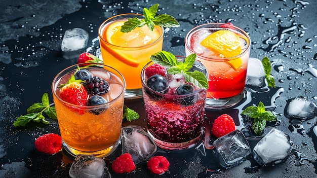 Cocktail di frutta fresca colorata su uno sfondo bagnato scuro con ghiaccio