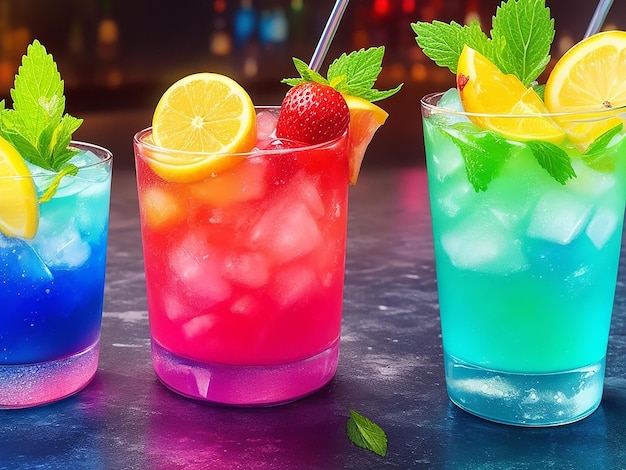 Cocktail di frutta multicolore rinfrescante con ghiaccio al limone e menta in un bar con bevande analcoliche