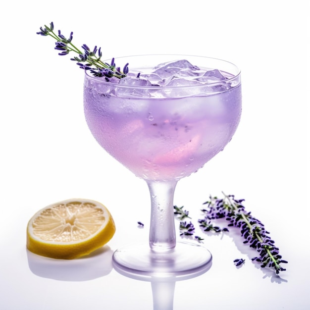 Cocktail di gin lavanda con sfondo bianco alto