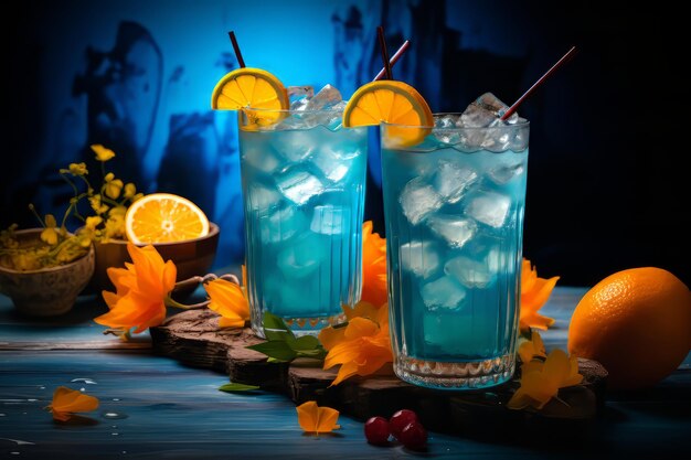 Cocktail di laguna blu e arancione con fette di frutta