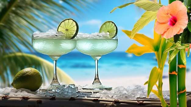 cocktail di lime con cubetti di ghiaccio sul piano del tavolo in legno palm plantwhite sandblue sky on beach