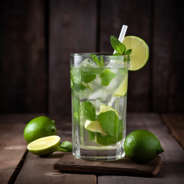 Cocktail di Mojito in vetro su tavolo di legno