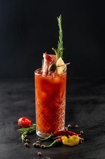 Cocktail di pomodoro Blood Mary su fondo di legno