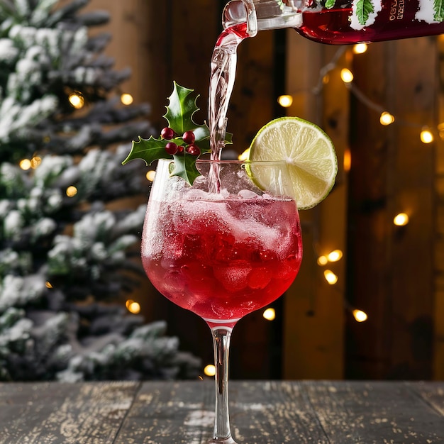 Cocktail di vodka al limone di mirtillo versato in un bicchiere idea di cocktail natalizio festivo