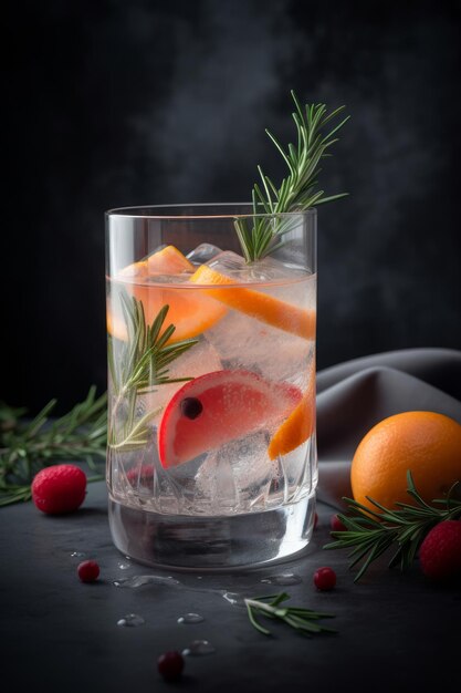 Cocktail di vodka e sprite con frutti maturi e rosmarino Illustration AI GenerativexA