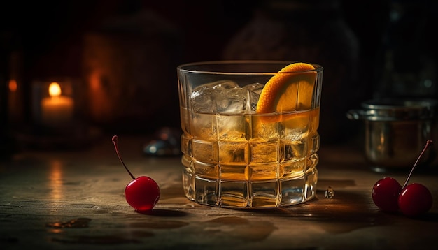 Cocktail di whisky su tavola di legno freschezza di agrumi generata da intelligenza artificiale
