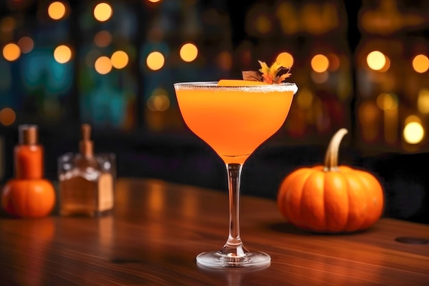 Cocktail di zucca sul bancone del bar con zucca per la festa di halloween Cocktail festivi