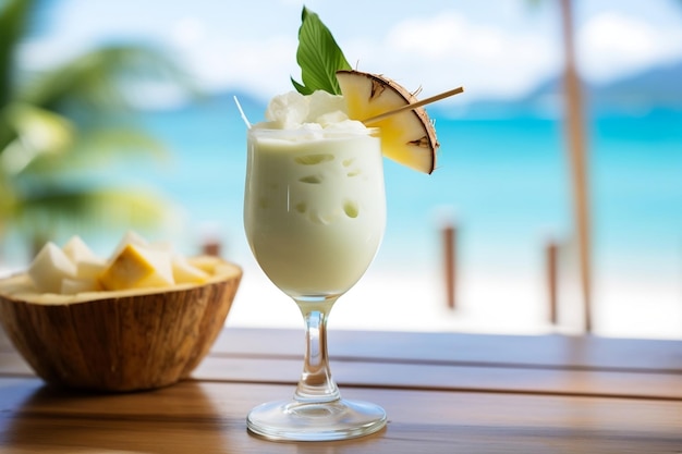 Cocktail esotico Pina Colada sulla spiaggia AI generativa