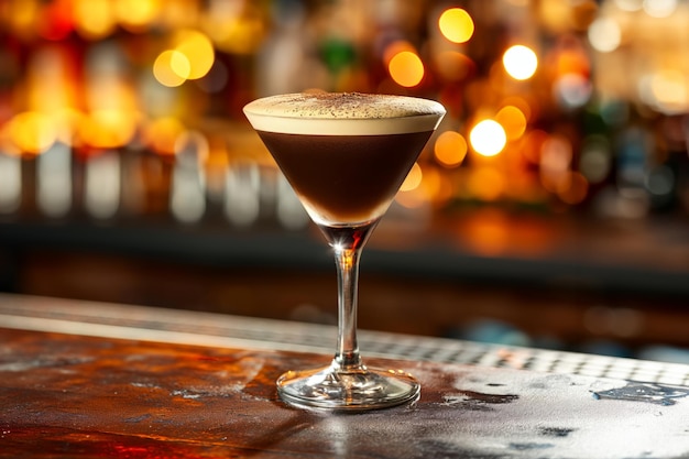Cocktail Espresso Martini con cima cremosa sul bancone di legno del bar contro l'atmosfera accogliente del bar