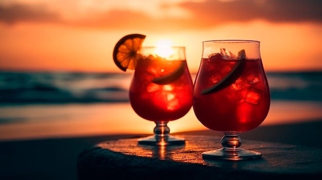 Cocktail estivi in un lussuoso resort sulla spiaggia tropicale al tramonto Cocktail esotici estivi Bevande estive e giovani Concetto di vacanza estiva Vacanze per feste Vacanze estive Estate AI generativa