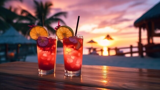 Cocktail estivi nel lussuoso resort tropicale con il tramonto