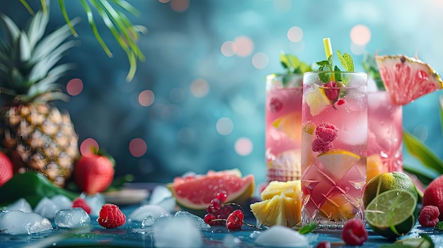 Cocktail estivo a rotazione di fragole e arance Limonata fresca di fragole o cocktail mojito rinfrescante con cubetti di ghiaccio e foglie di menta fresca