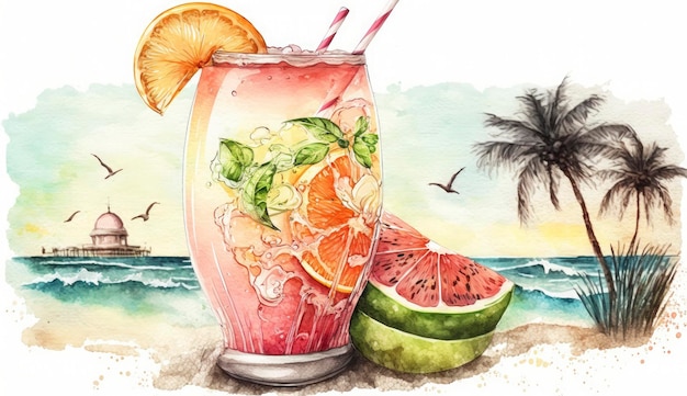 Cocktail estivo al pompelmo sull'illustrazione in stile acquerello di mare Ai generativo