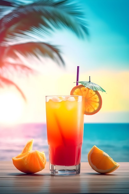 Cocktail estivo analcolico arancione con spiaggia estiva sullo sfondo Concetto di bevanda rinfrescante estiva AI generato