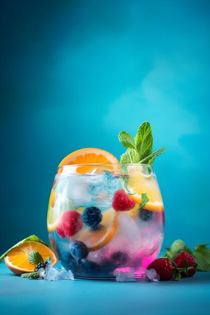 Cocktail estivo analcolico con arancia ghiacciata e frutti di bosco su sfondo blu Concetto di bevanda rinfrescante estiva AI generato