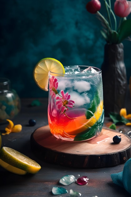 Cocktail estivo analcolico con ghiaccio su sfondo scuro Concetto di bevanda rinfrescante estiva AI generato