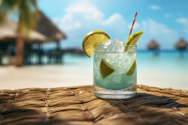 cocktail estivo con limone e ghiaccio sullo sfondo del mare