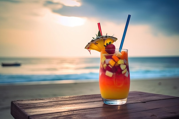 Cocktail estivo con spiaggia sfocata sullo sfondo Bevanda fredda tropicale Bevande estive e sfondo di vacanze in spiaggia Illustrazione generativa di AI