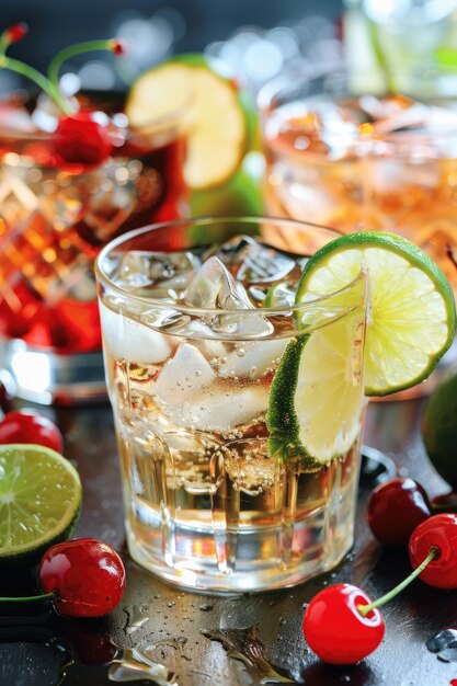 Cocktail freddo Cuba Libre con rum cola lime e ghiaccio guarnito con una ciliegina