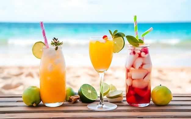 Cocktail freschi sul tavolo su una spiaggia soleggiata d'estate