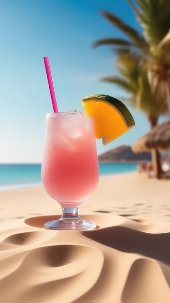 cocktail fruttato multicolore sulla sabbia sullo sfondo del mare in estate in una giornata di soleil concetto di viaggio relax vacanza