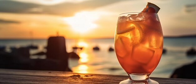 Cocktail ghiacciato arancione in un bar sulla spiaggia al tramonto Ai generativo