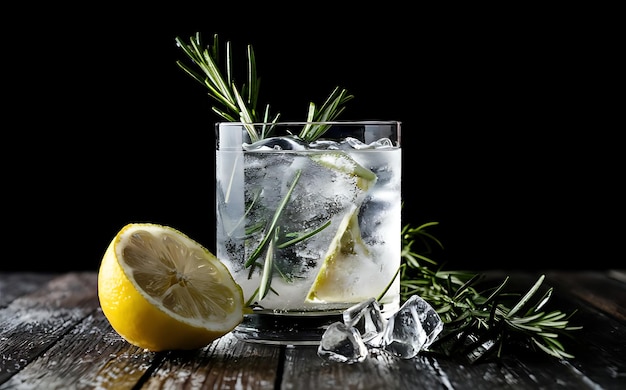 Cocktail gin tonic con limone e rosmarino bevanda gassata con pezzi di ghiaccio su un tavolo di vetro sfondo nero spazio di copia