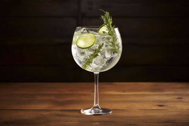 Cocktail gin tonic in un bicchiere su un tavolo di legno