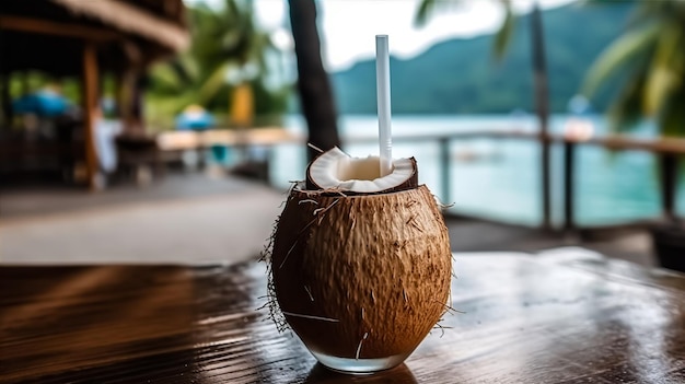 cocktail in cocco sul tavolo di legno c'è un chiaro