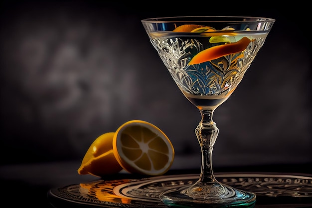 Cocktail in coppetta martini con fettine di arancia e limone su sfondo nero IA generativa