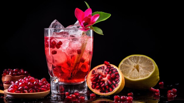 Cocktail in un bicchiere di melograno e orchidea sul ghiaccio su uno sfondo scuro un drink di limone fresco