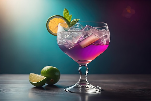 Cocktail in un bicchiere su uno sfondo di colore solido ai generativo