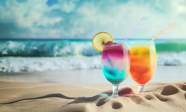 Cocktail luminosi sulla spiaggia sotto il sole splendente