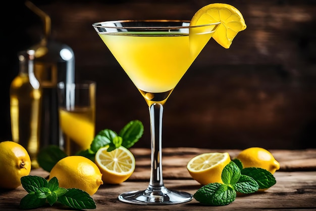 Cocktail martini giallo con limone e menta su fondo rustico in legno