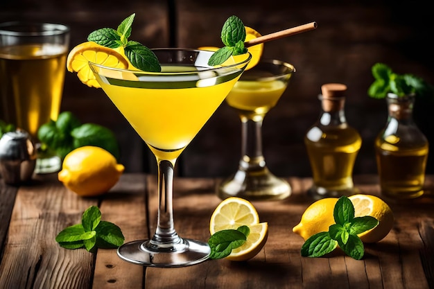 Cocktail martini giallo con limone e menta su fondo rustico in legno