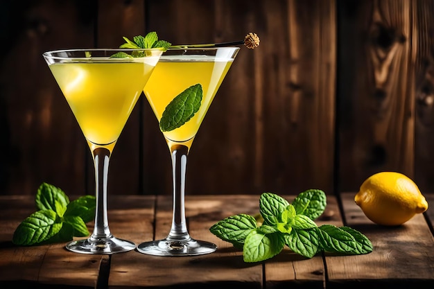 Cocktail martini giallo con limone e menta su fondo rustico in legno