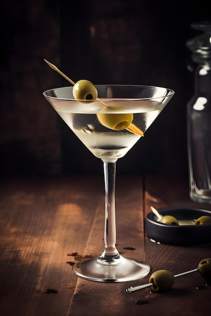 Cocktail martini sporco con olive in vetro su sfondo scuro AI generato