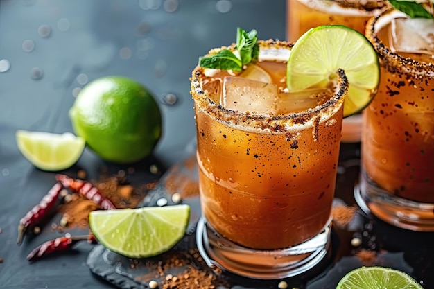 Cocktail Michelada sul tavolo bevanda messicana fatta di birra lime o succo di pomodoro varie salse spezie e peperoncini