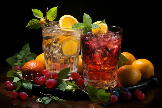 cocktail misto di bevande alcoliche cocktail di frutta colorata e vivace e limoni sullo sfondo