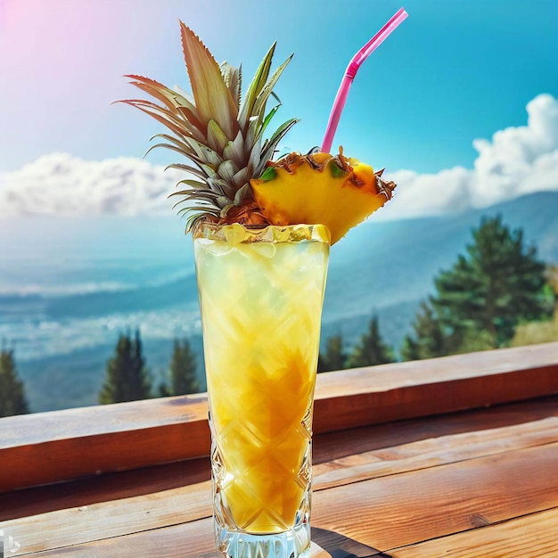 Cocktail mocktail di frullato di succo di ananas seduto su un tavolo di legno con vista sulle montagne