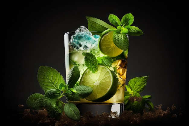 Cocktail Mojito con lime e foglie di menta su sfondo nero IA generativa