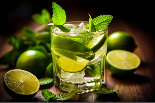 Cocktail Mojito con menta di limone e ghiaccio su sfondo blu