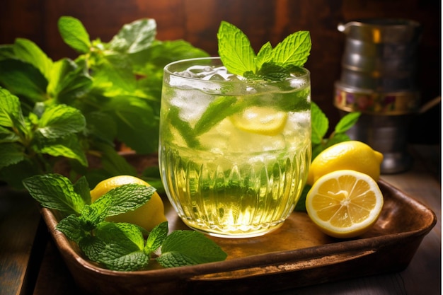 Cocktail mojito con menta di limone e ghiaccio su sfondo di legno