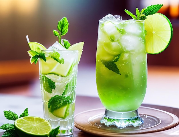 Cocktail Mojito con menta lime e ghiaccio in un bicchiere