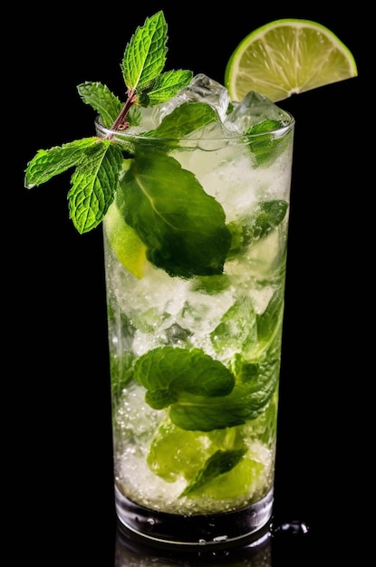 Cocktail Mojito con menta lime e ghiaccio su sfondo nero