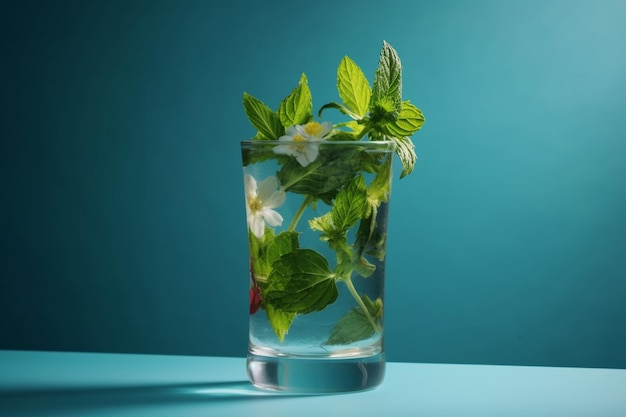 Cocktail Mojito con menta limone e ghiaccio su sfondo blu