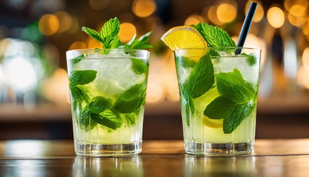 cocktail mojito guarnito con foglie di menta in un bicchiere pieno